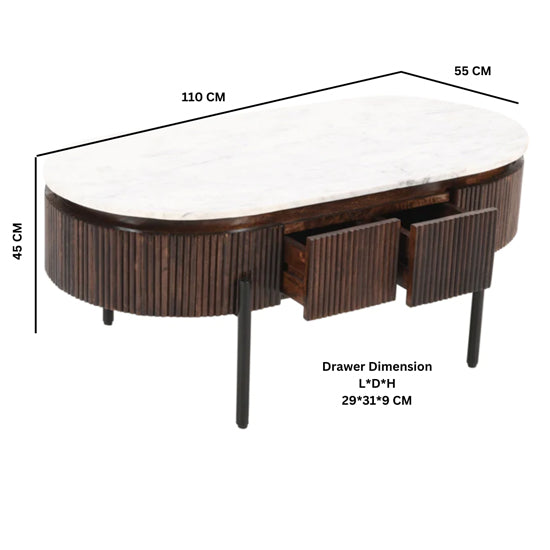 Opal White Marble Top And Mango Wood Coffee Table In Dark Mahogany