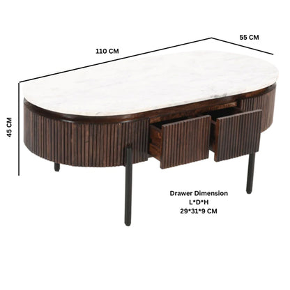 Opal White Marble Top And Mango Wood Coffee Table In Dark Mahogany