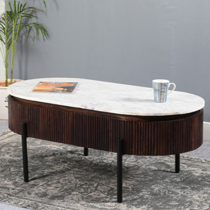 Opal White Marble Top And Mango Wood Coffee Table In Dark Mahogany