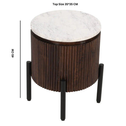 Opal White Marble Top And Mango Wood Side Table In Dark Mahogany