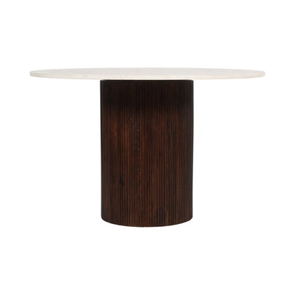Opal White Marble Top And Mango Wood Round Dining Table In Dark Mahogany