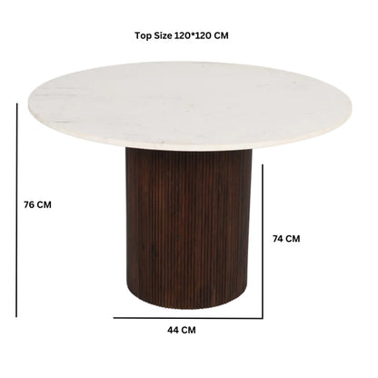 Opal White Marble Top And Mango Wood Round Dining Table In Dark Mahogany
