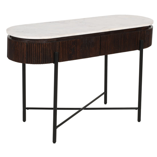 Opal White Marble Top And Mango Wood Console Table In Dark Mahogany