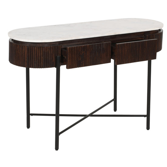 Opal White Marble Top And Mango Wood Console Table In Dark Mahogany
