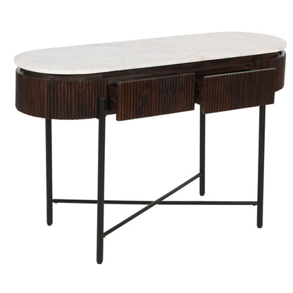 Opal White Marble Top And Mango Wood Console Table In Dark Mahogany