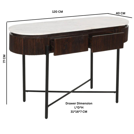 Opal White Marble Top And Mango Wood Console Table In Dark Mahogany