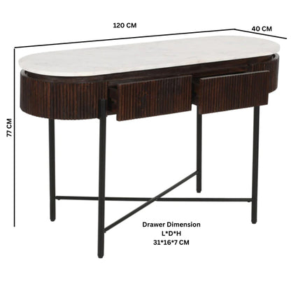 Opal White Marble Top And Mango Wood Console Table In Dark Mahogany