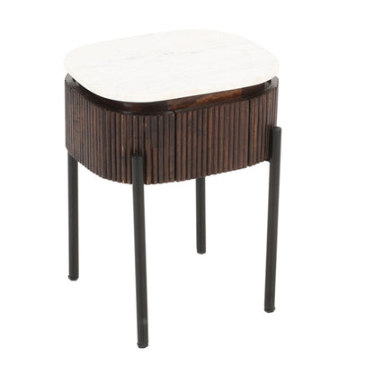 Opal White Marble Top And Mango Wood Bedside Table In Dark Mahogany