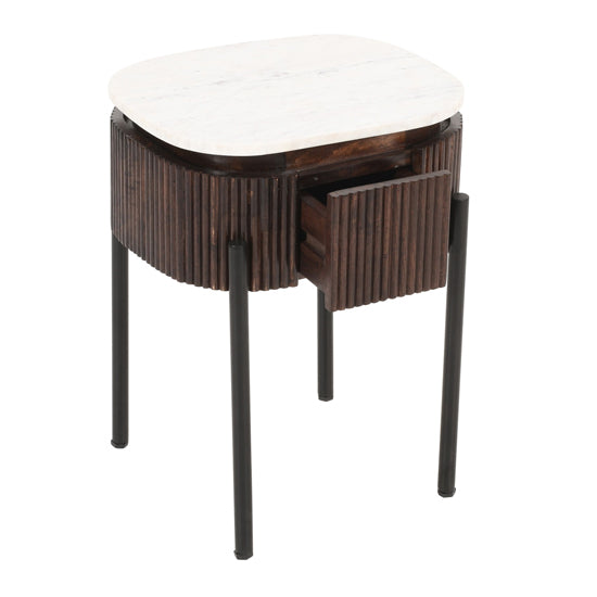 Opal White Marble Top And Mango Wood Bedside Table In Dark Mahogany