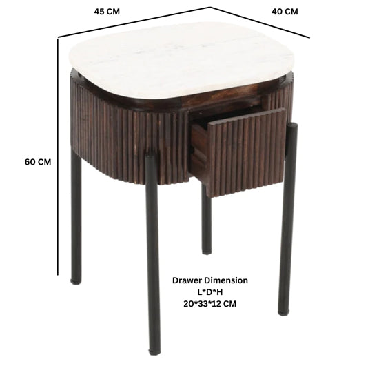 Opal White Marble Top And Mango Wood Bedside Table In Dark Mahogany