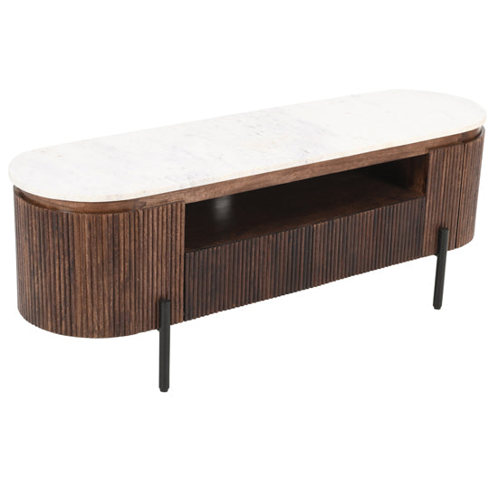 Opal White Marble Top And Mango Wood TV Stand In Dark Mahogany
