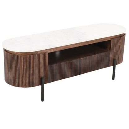 Opal White Marble Top And Mango Wood TV Stand In Dark Mahogany