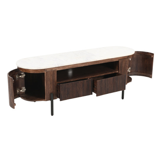 Opal White Marble Top And Mango Wood TV Stand In Dark Mahogany