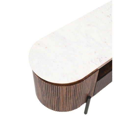 Opal White Marble Top And Mango Wood TV Stand In Dark Mahogany