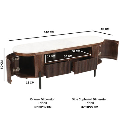 Opal White Marble Top And Mango Wood TV Stand In Dark Mahogany
