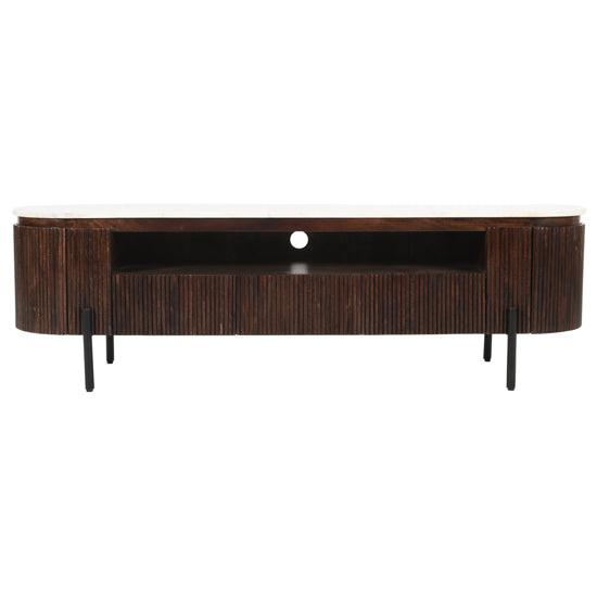 Opal White Marble Top And Mango Wood Large TV Stand In Dark Mahogany