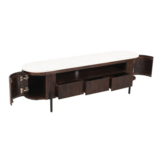 Opal White Marble Top And Mango Wood Large TV Stand In Dark Mahogany