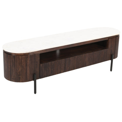 Opal White Marble Top And Mango Wood Large TV Stand In Dark Mahogany