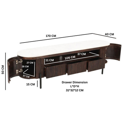 Opal White Marble Top And Mango Wood Large TV Stand In Dark Mahogany