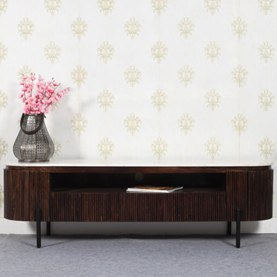 Opal White Marble Top And Mango Wood Large TV Stand In Dark Mahogany
