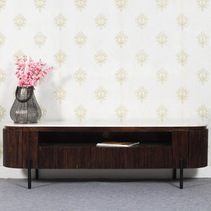 Opal White Marble Top And Mango Wood Large TV Stand In Dark Mahogany