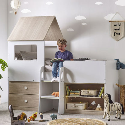 Orpheus Wooden Midsleeper Bunk Bed In Pale Wood And White