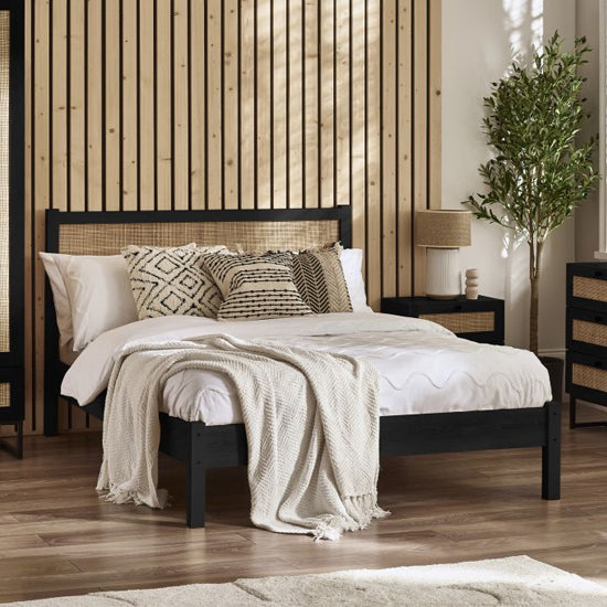 Padstow Wooden Rattan King Size Bed In Black