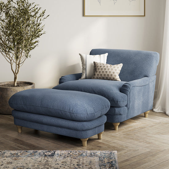 Plumpton Weave Fabric Footstool In Denim Blue