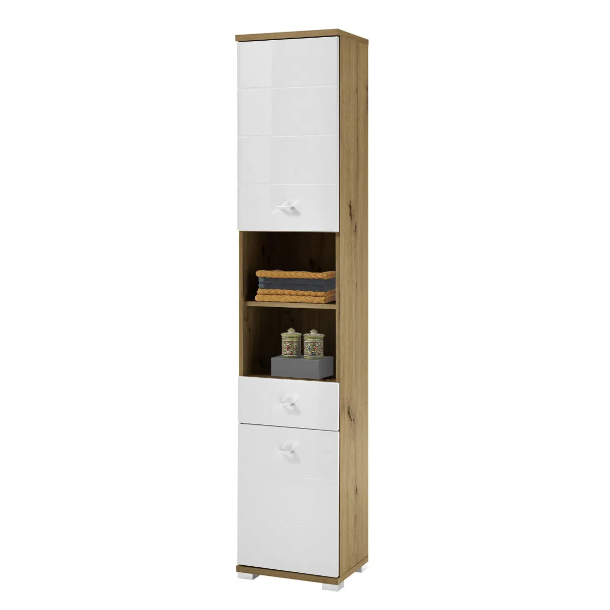 Pool Tall Wooden Bathroom Storage Cabinet In Artisan Oak And White