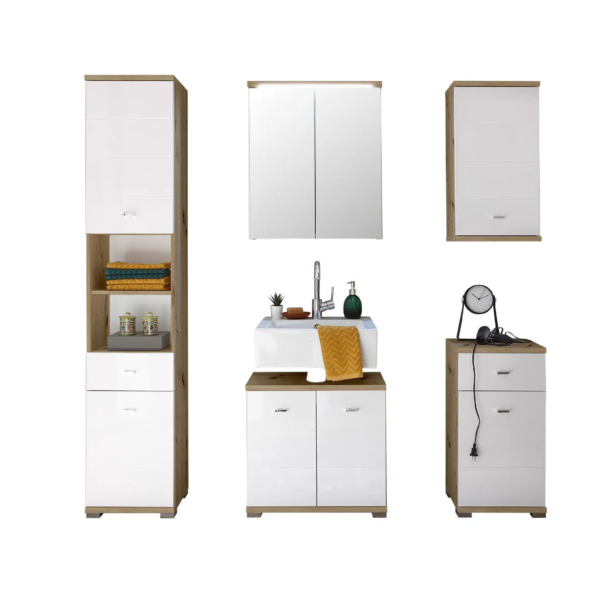 Pool Wall Hung Wooden Bathroom Storage Cabinet In Artisan Oak And White