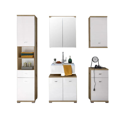 Pool Wall Hung Wooden Bathroom Storage Cabinet In Artisan Oak And White