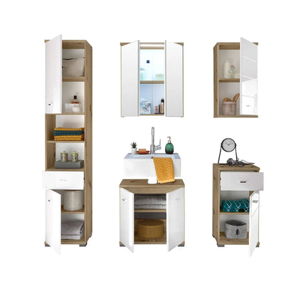 Pool Wall Hung Wooden Bathroom Storage Cabinet In Artisan Oak And White