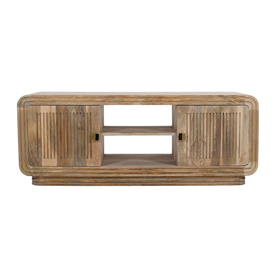 Hudson Carved Mango Wood TV Stand With 2 Doors In Natural Oak