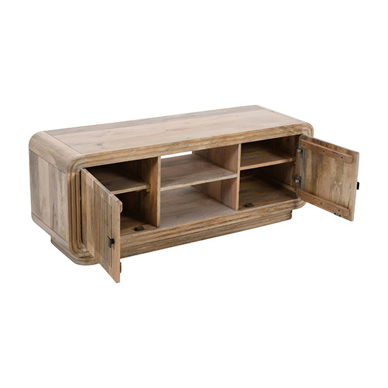 Hudson Carved Mango Wood TV Stand With 2 Doors In Natural Oak