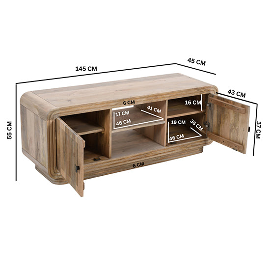 Hudson Carved Mango Wood TV Stand With 2 Doors In Natural Oak