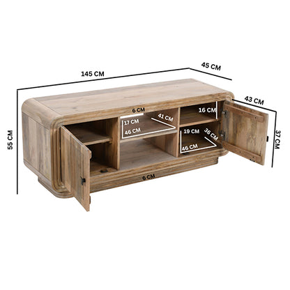 Hudson Carved Mango Wood TV Stand With 2 Doors In Natural Oak
