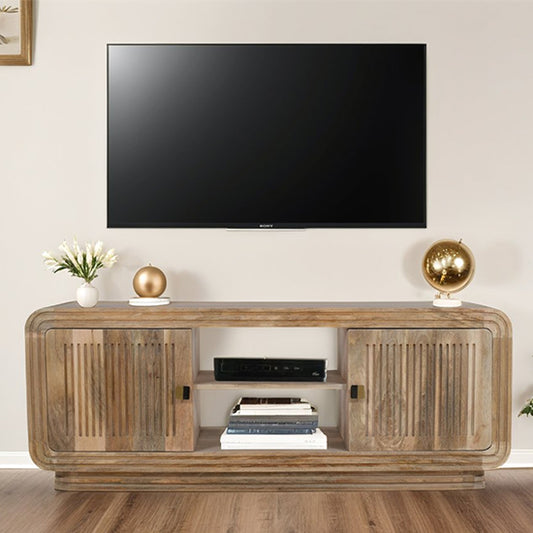Hudson Carved Mango Wood TV Stand With 2 Doors In Natural Oak