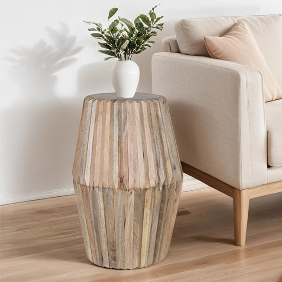 Hudson Carved Mango Wood Side Table Tall In Natural Oak