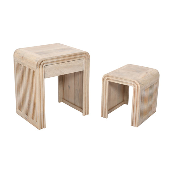 Hudson Carved Mango Wood Nest of 2 Tables With Drawer In Natural Oak