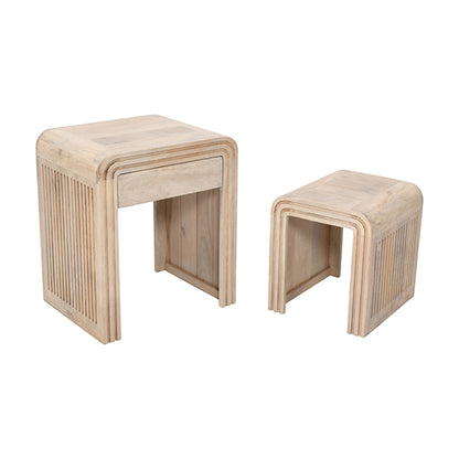 Hudson Carved Mango Wood Nest of 2 Tables With Drawer In Natural Oak
