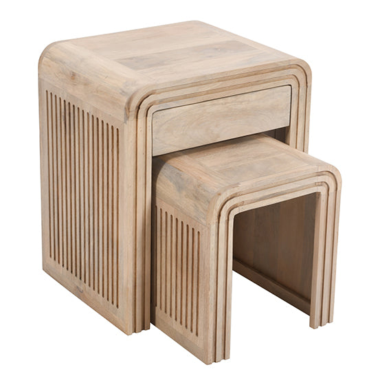 Hudson Carved Mango Wood Nest of 2 Tables With Drawer In Natural Oak