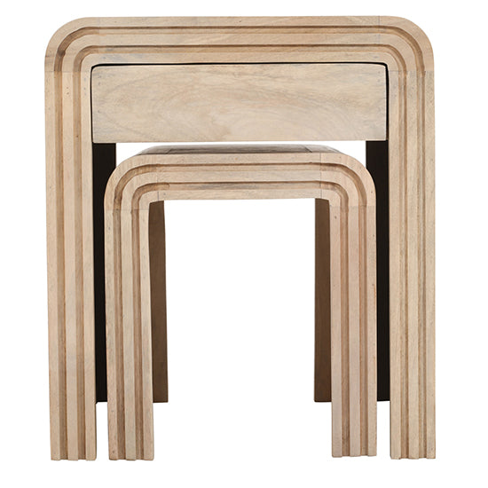 Hudson Carved Mango Wood Nest of 2 Tables With Drawer In Natural Oak