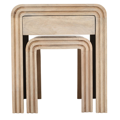 Hudson Carved Mango Wood Nest of 2 Tables With Drawer In Natural Oak