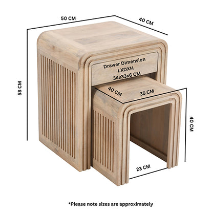 Hudson Carved Mango Wood Nest of 2 Tables With Drawer In Natural Oak