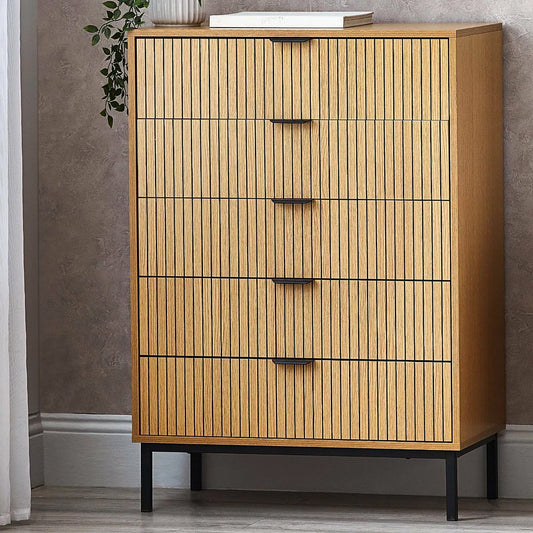 Sia Tall Wooden Chest Of 5 Drawers In Oak
