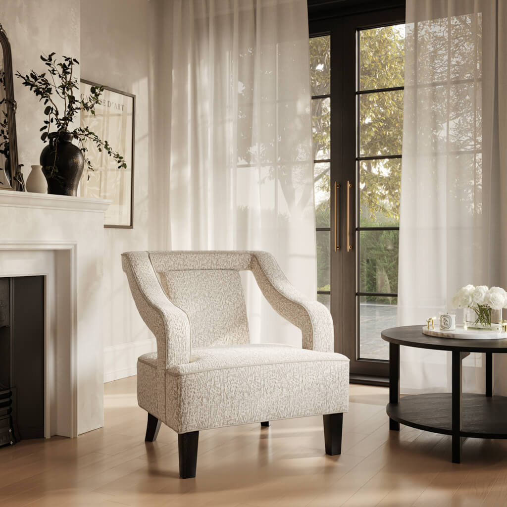 Sofia Textured Fabric Armchair In Beige With Matte Black Legs