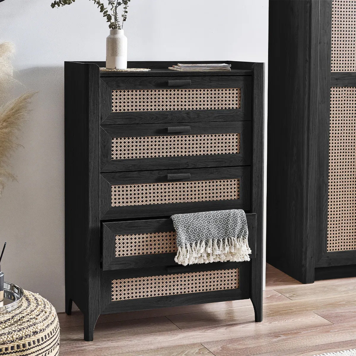 Sydney Tall Wooden Chest Of 5 Drawers In Black Ash