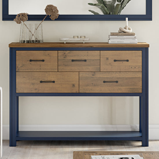 Splash Wooden Console Table With 5 Drawers In Blue