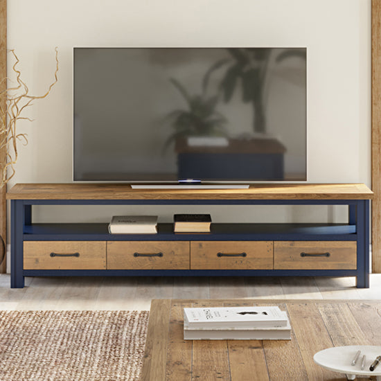 Splash Wooden Wide TV Stand With 4 Drawers In Oak And Blue