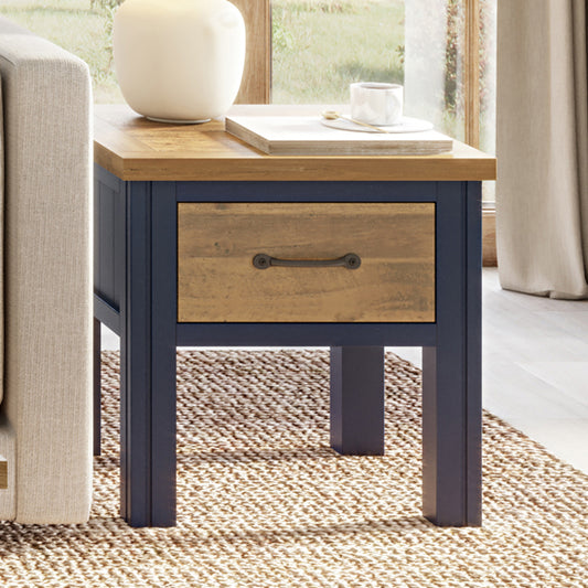 Splash Wooden Lamp Table With 1 Drawer In Oak And Blue